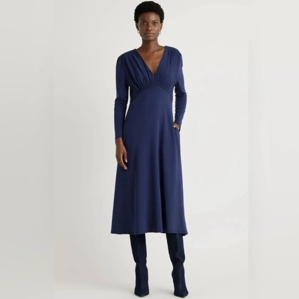Quince Women Tencel Jersey V-neck Long Sleeve Midi Dress Navy Basic size Large - Picture 2 of 8